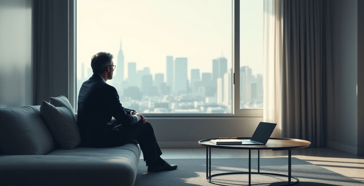 Middle-aged professional reflecting while sitting alone in a modern living room.