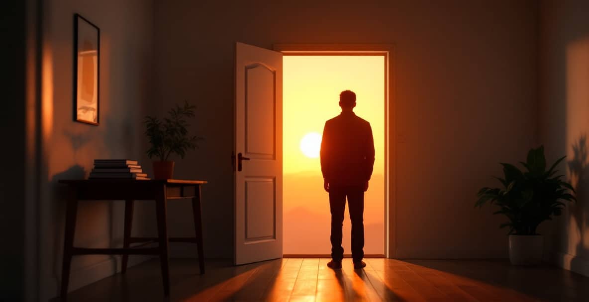 A figure stands at a doorway, silhouetted by a warm sunset, symbolizing new beginnings amid legal proceedings.