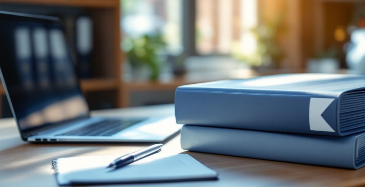An organized desk with folders labeled 'Kinderopvang' and 'Ouderschapsplannen' in a professional setting.