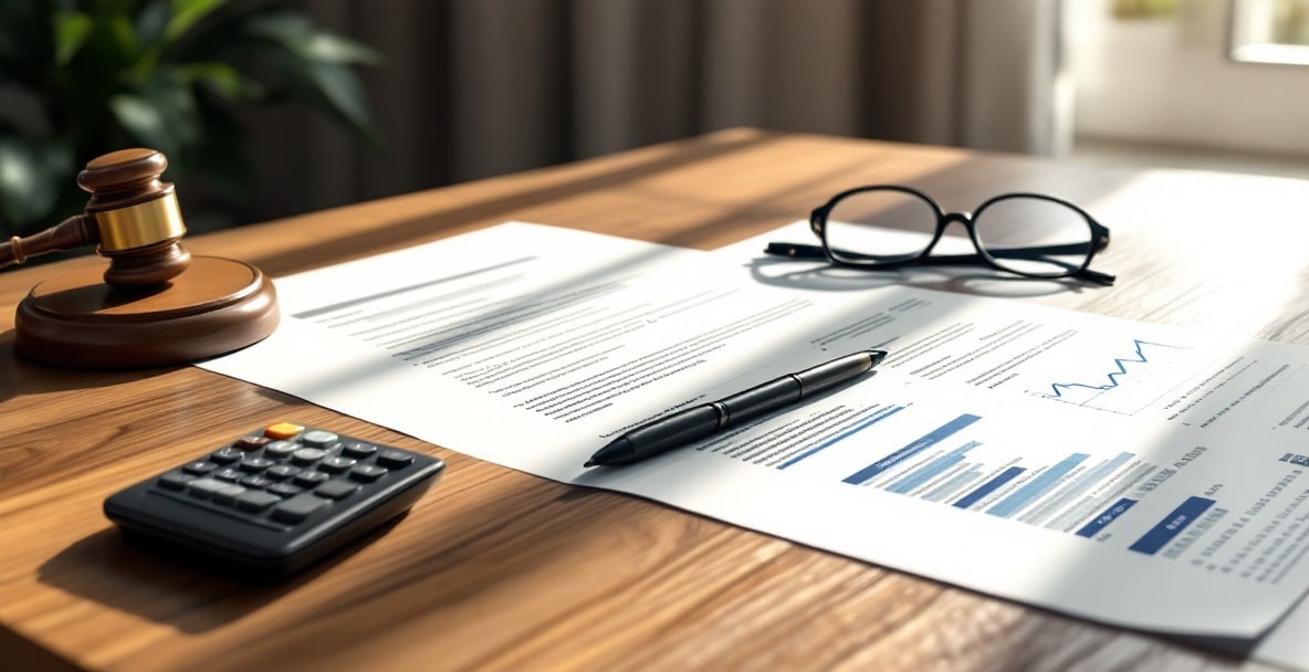 Image of legal documents, a calculator, and a gavel on a wooden table, symbolizing financial support in family law.