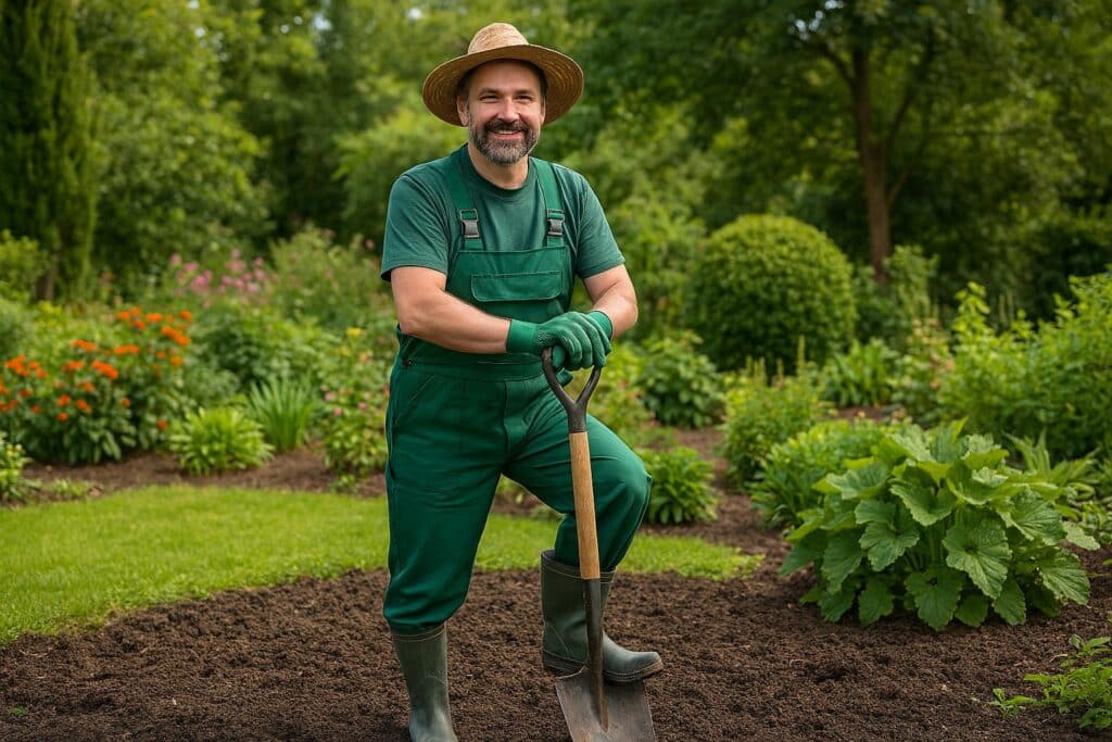Tuinman met schop in groene tuin
