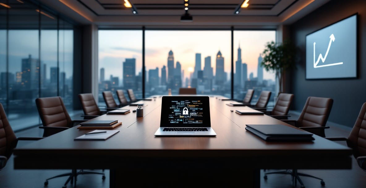 Corporate boardroom with a focus on business confidentiality, featuring a laptop, briefcases, and city skyline.