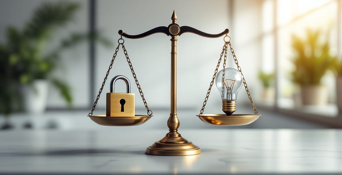 Scale balances a padlock and light bulb, symbolizing confidentiality and intellectual property in an office.