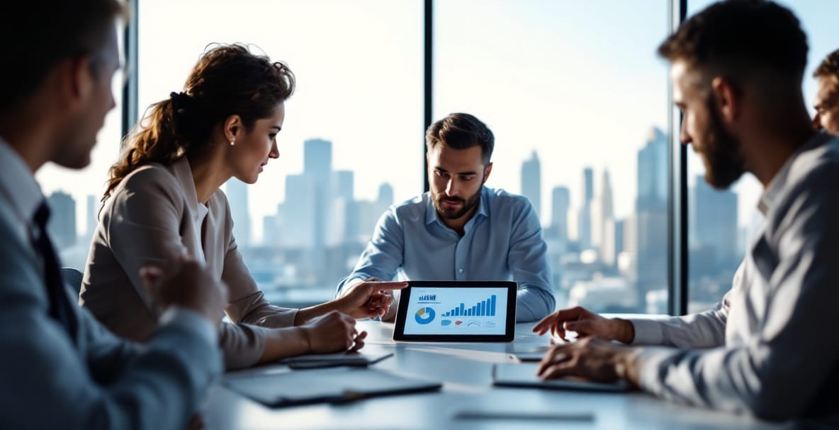 Professionals in a modern office discuss safeguarding business assets with a tablet showing charts.