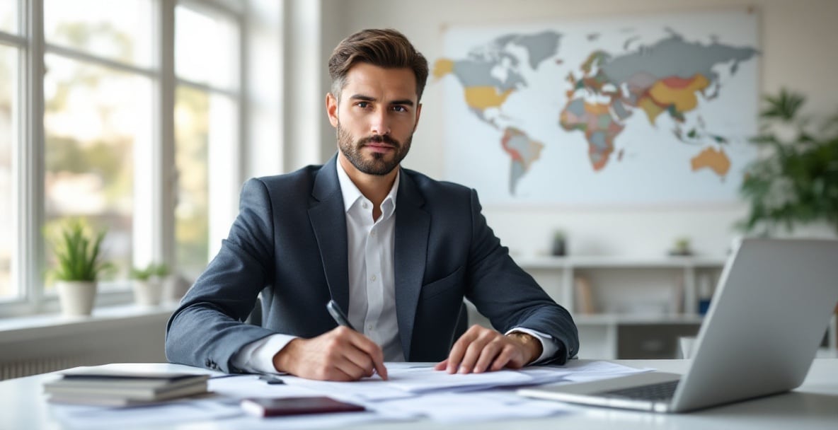Business professional reviews immigration documents at a modern desk in a bright office.