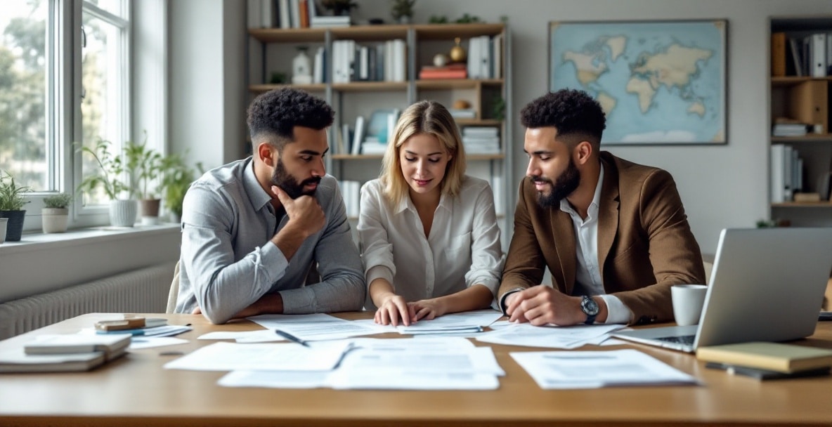 Office scene of three professionals discussing visa and immigration complexities at a desk with documents and a laptop.