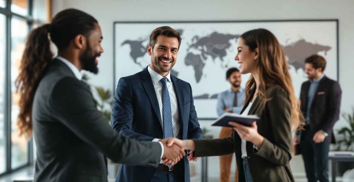 Professionals in office as a passport with visa is exchanged in a handshake.