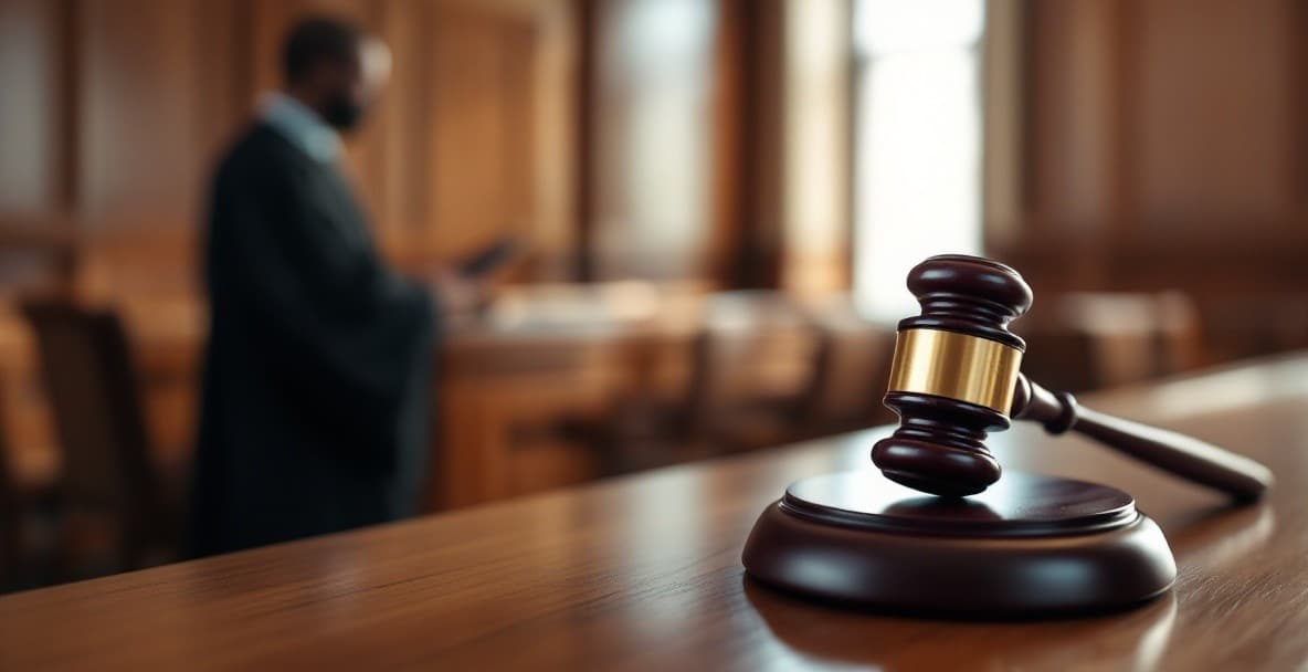 Judge's gavel on a bench in a calm, empty courtroom setting.