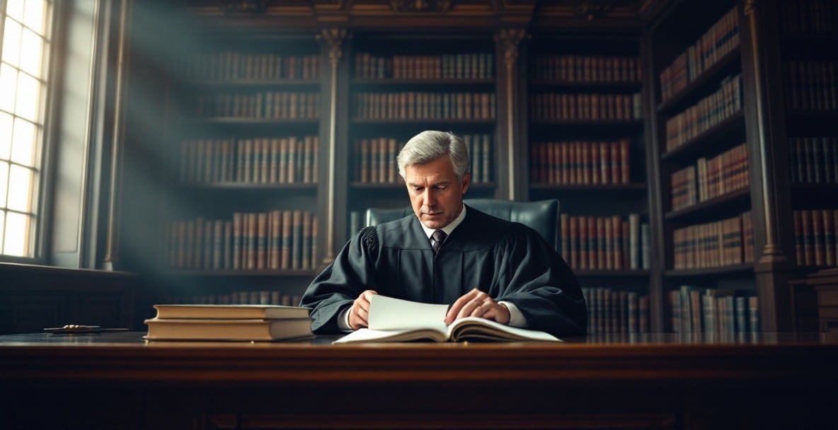Judge in traditional robes reviews documents in a courtroom with law books on shelves.