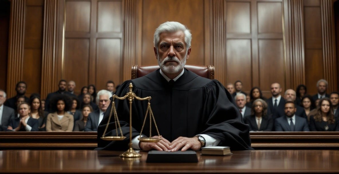 Judge in robe at courtroom bench, scales of justice beside. Diverse audience in background.