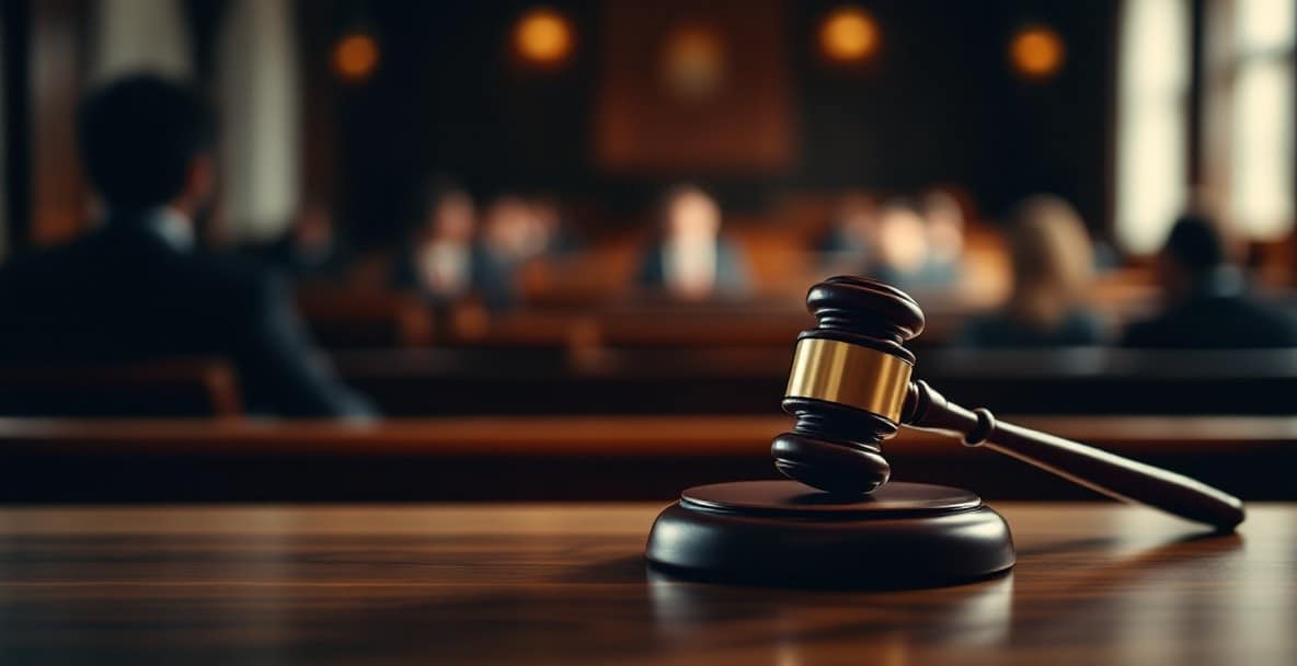Courtroom scene with judge's gavel, blurred figures of defense and prosecution, and audience in background.