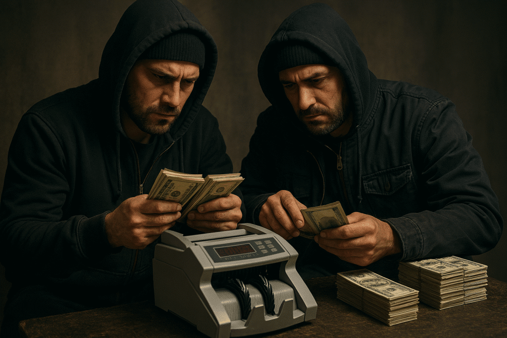 Twee mannen tellen geld met machine.
