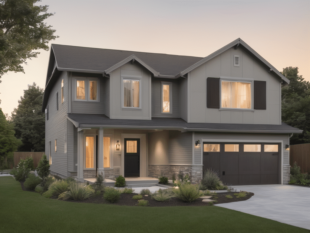 Moderne woning met tuin en verlichting.