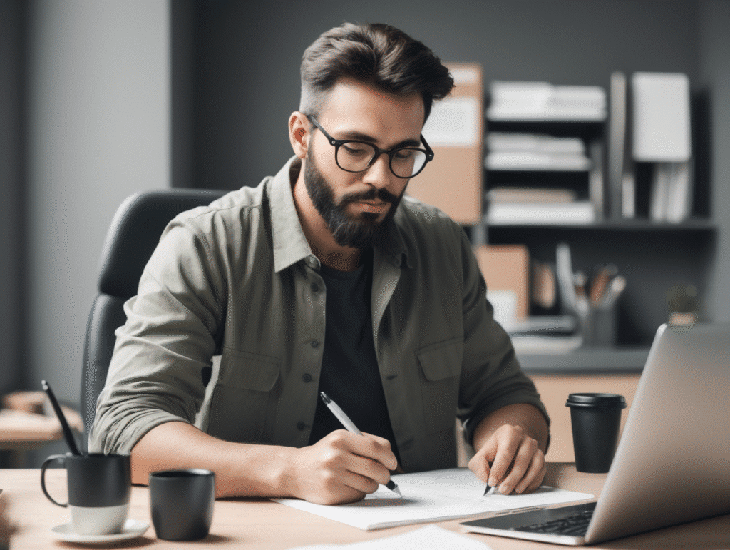 Man schrijft aan bureau met laptop.