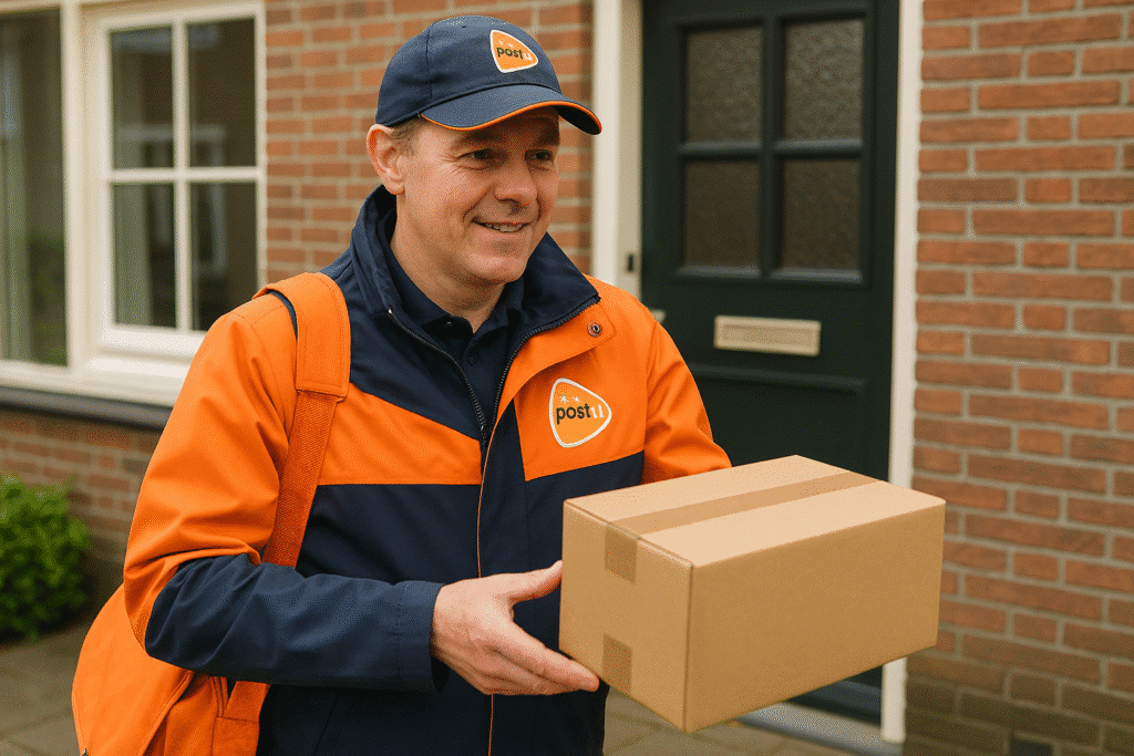Nederlandse postbode die pakje komt afleveren
