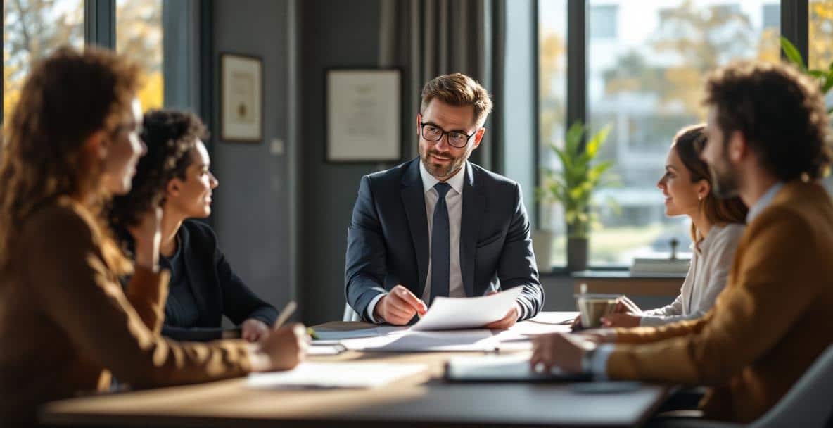 Lawyer advises diverse business professionals in a modern office setting.