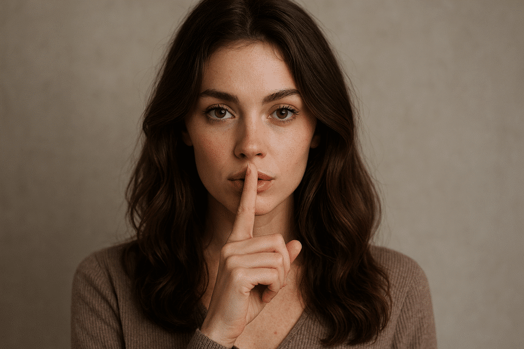 Vrouw met vinger voor de lippen.