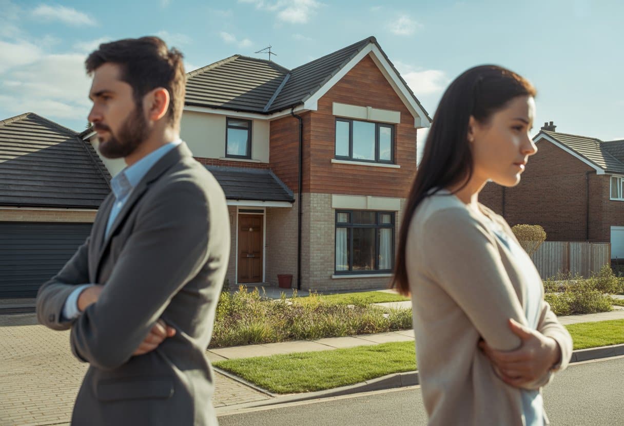 Een man en een vrouw staan apart voor een koopwoning in een rustige woonwijk.