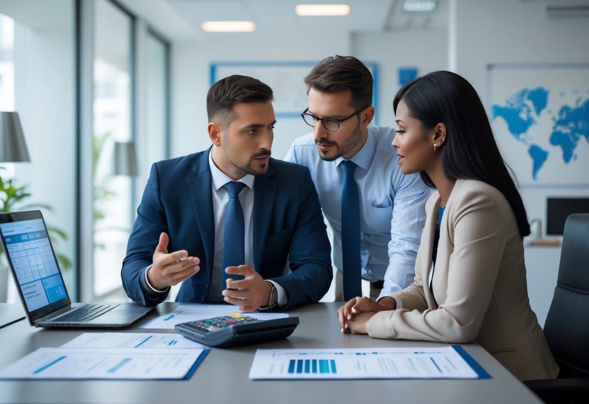 Een bankmedewerker bespreekt financiële documenten met een klant in een modern kantoor.