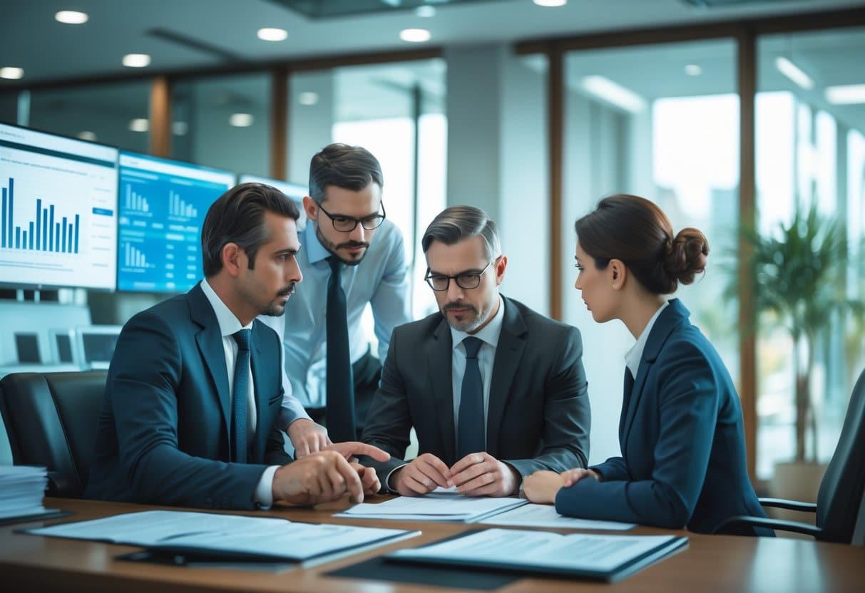 Een bankmedewerker en een klant bespreken financiële documenten in een moderne bankomgeving.