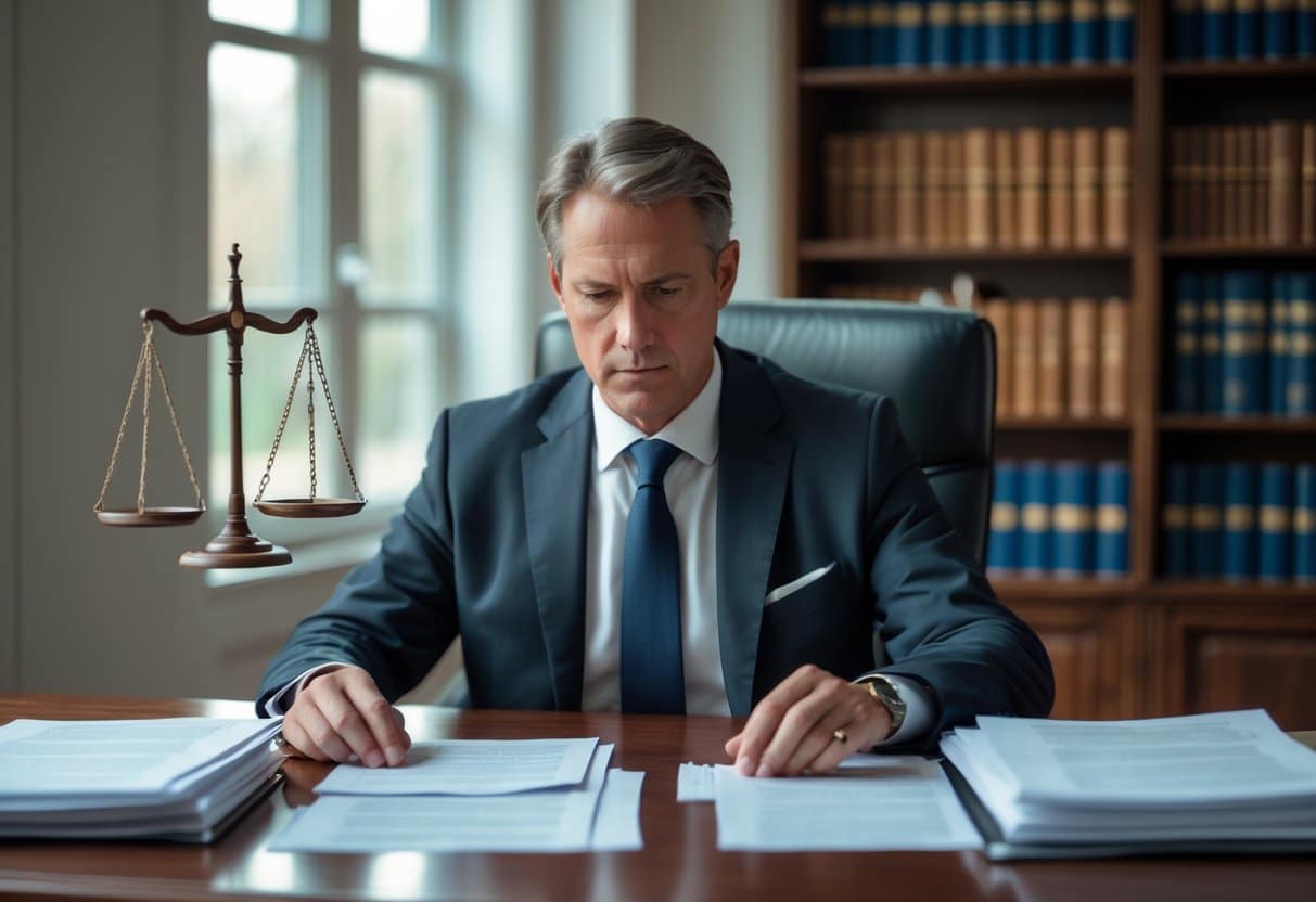 Sepot: Betekenis, procedure en gevolgen 1 Een officier van justitie zit aan een bureau in een kantoor en bekijkt documenten, met boeken en een weegschaal op de achtergrond.
