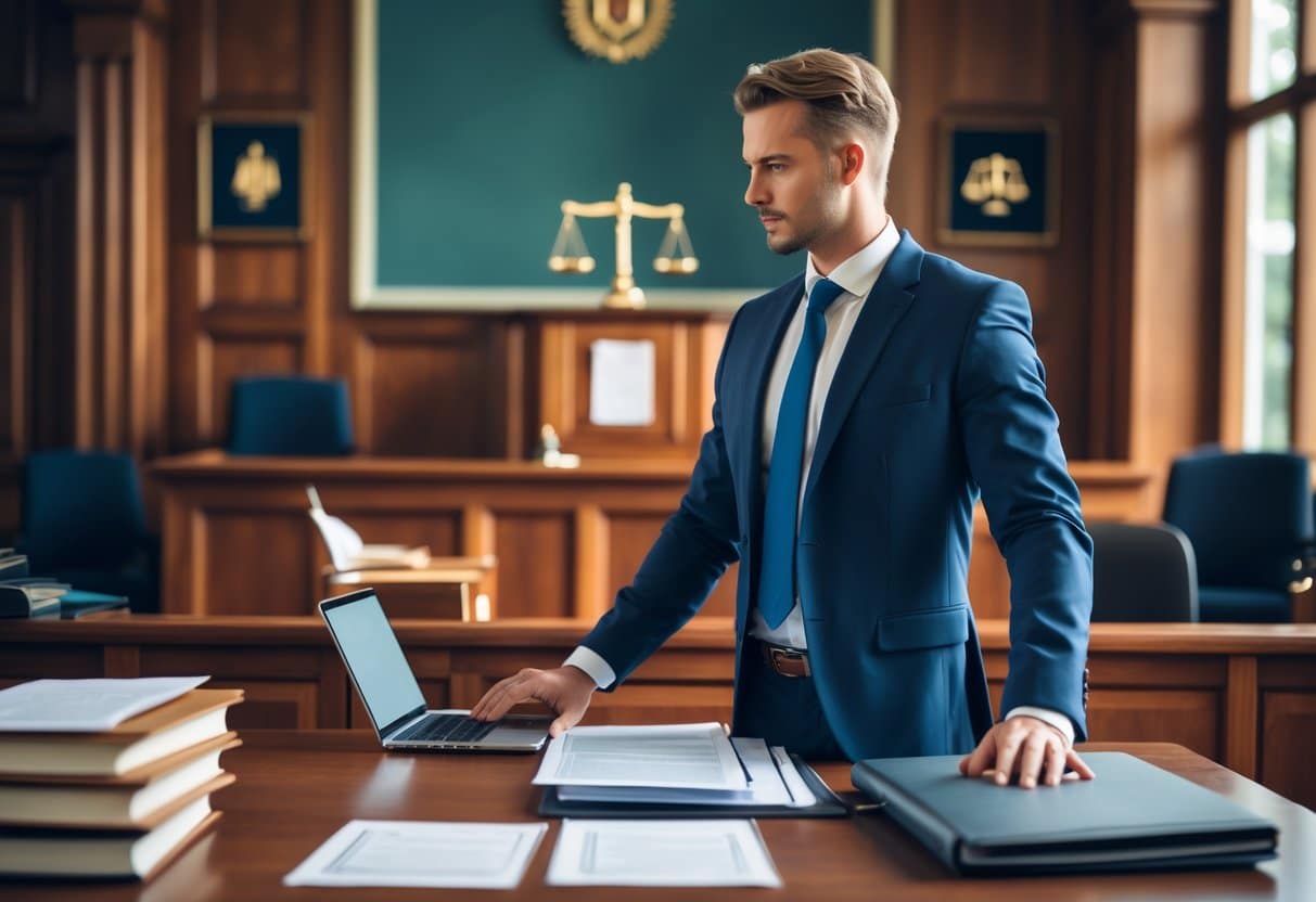 Sepot: Betekenis, procedure en gevolgen 2 Een officier van justitie die in een rechtszaal aan een bureau zit en juridische documenten bekijkt.