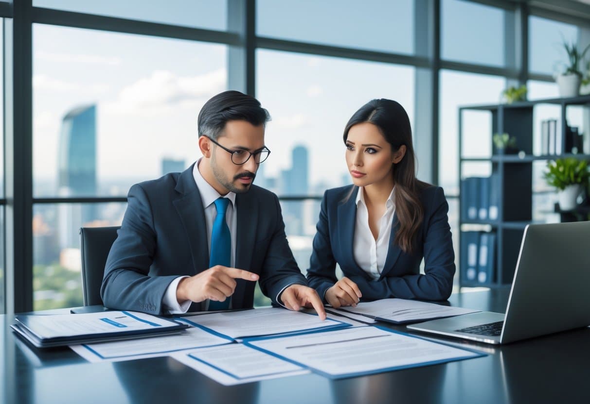 Precontractuele aansprakelijkheid: Rechten, verplichtingen en risico's 1 Twee zakelijke professionals bespreken contracten aan een tafel in een modern kantoor.