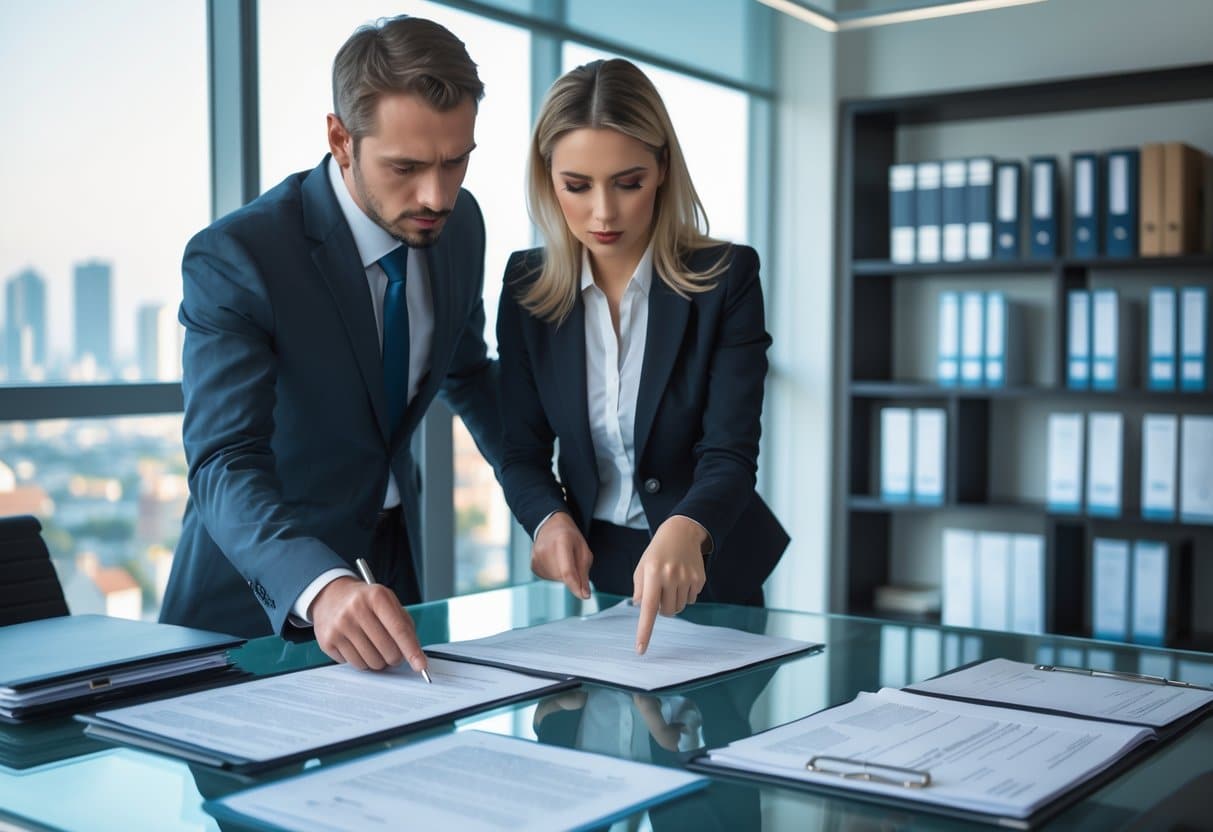 Precontractuele aansprakelijkheid: Rechten, verplichtingen en risico's 2 Twee zakelijke professionals bespreken contracten in een modern kantoor.