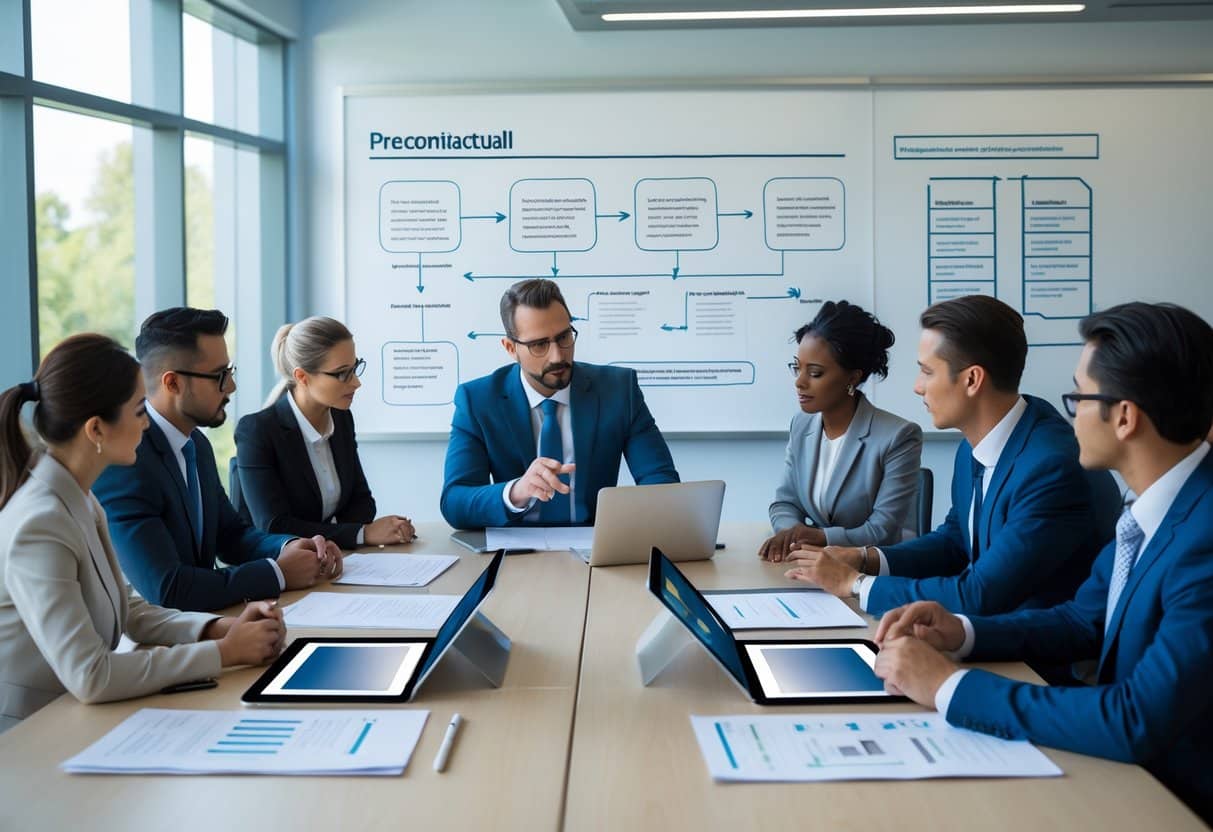 Precontractuele aansprakelijkheid: Rechten, verplichtingen en risico's 3 Een groep zakelijke professionals vergadert rond een tafel met documenten en digitale apparaten, bezig met het bespreken van contractuele processen.
