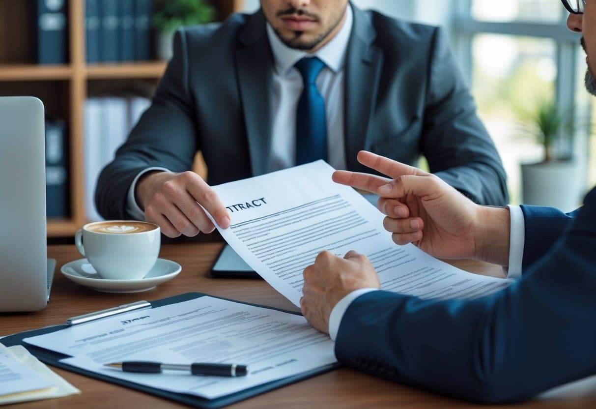 Twee mensen in een kantoor bespreken aandachtig een contractdocument aan een bureau.