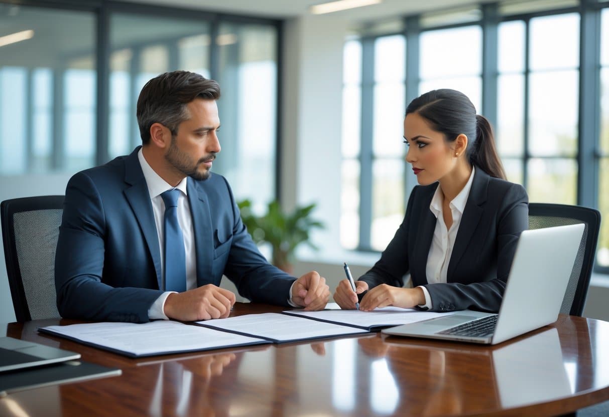 Twee zakelijke professionals zitten tegenover elkaar aan een tafel en bespreken een contract in een helder kantoor.