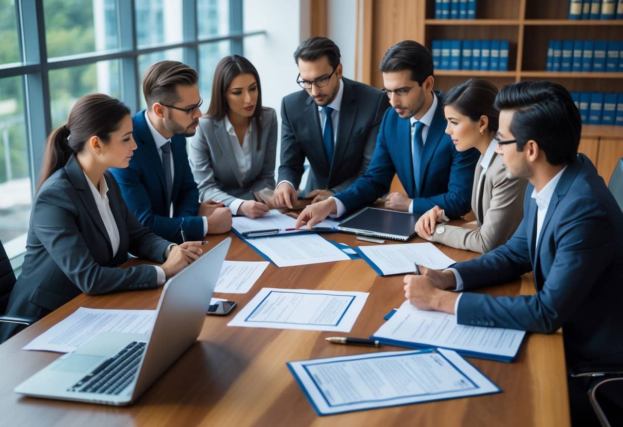 Een groep zakelijke professionals bespreekt contracten rond een vergadertafel in een kantoor.