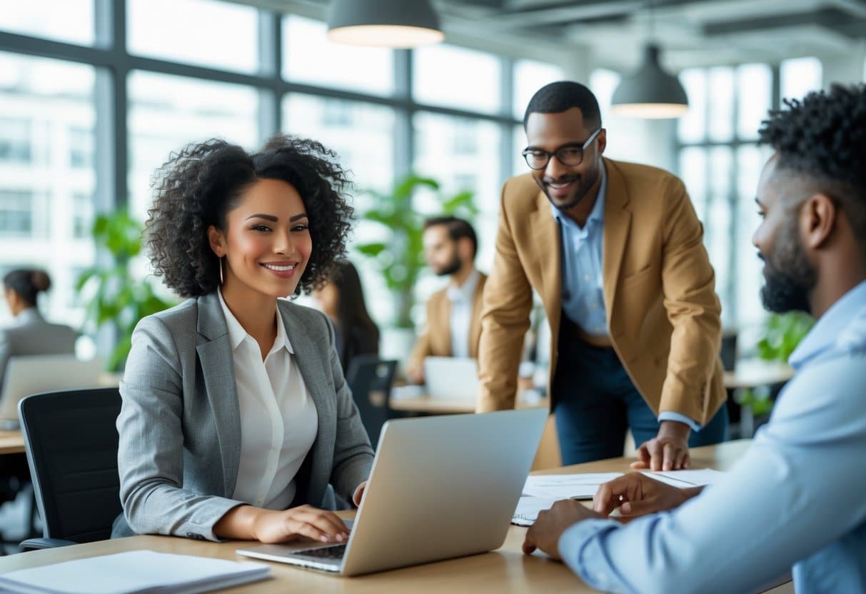 Recht op parttime werk: Wat je moet weten als (toekomstige) parttimer 1 Een diverse groep kantoormedewerkers in een moderne kantooromgeving, waarbij een vrouwelijke werknemer en haar collega over flexibele werktijden praten.