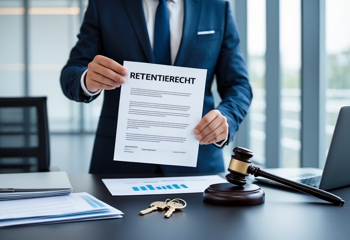 Retentierecht: Uitleg, Toepassing en Belangrijke Inzichten 1 Een zakelijke persoon in een kantoor houdt een contract en een set sleutels vast, met een bureau en juridische voorwerpen op de achtergrond.