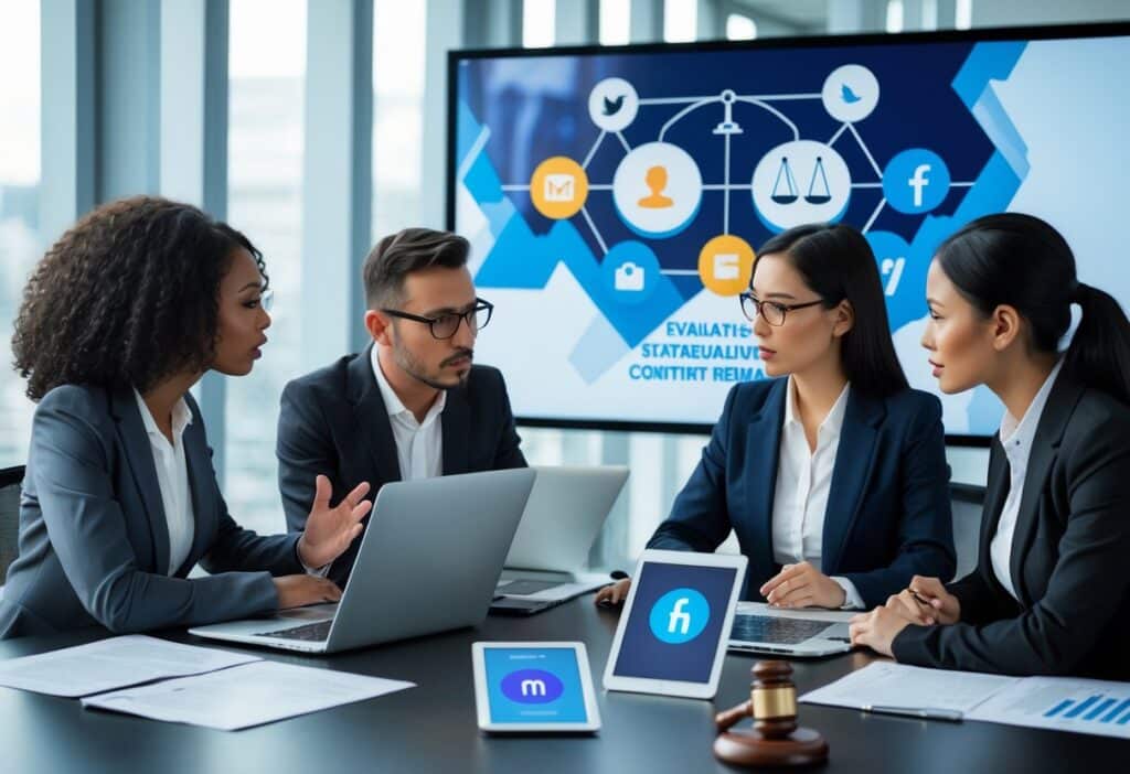 Vergadering met technologie en documenten.
