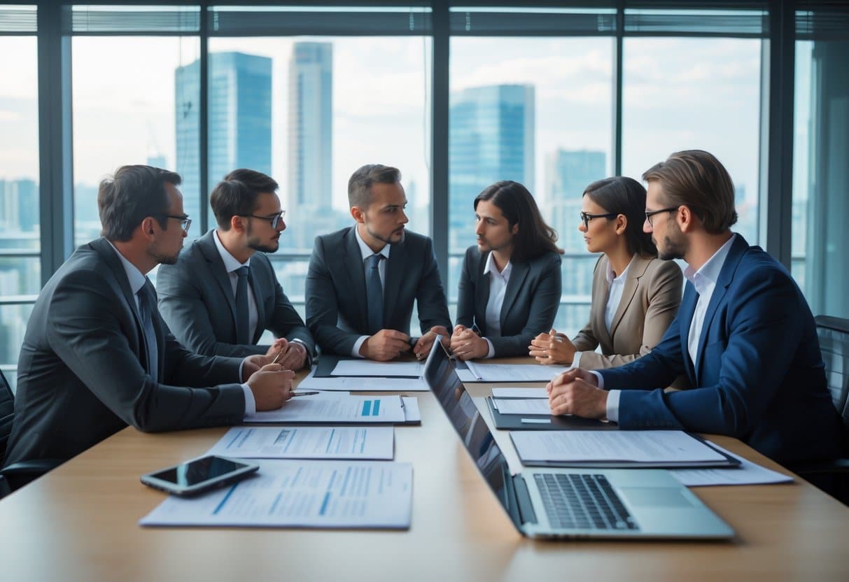 Zakelijke professionals die in een moderne kantoorruimte rond een tafel overleggen met documenten en laptops.