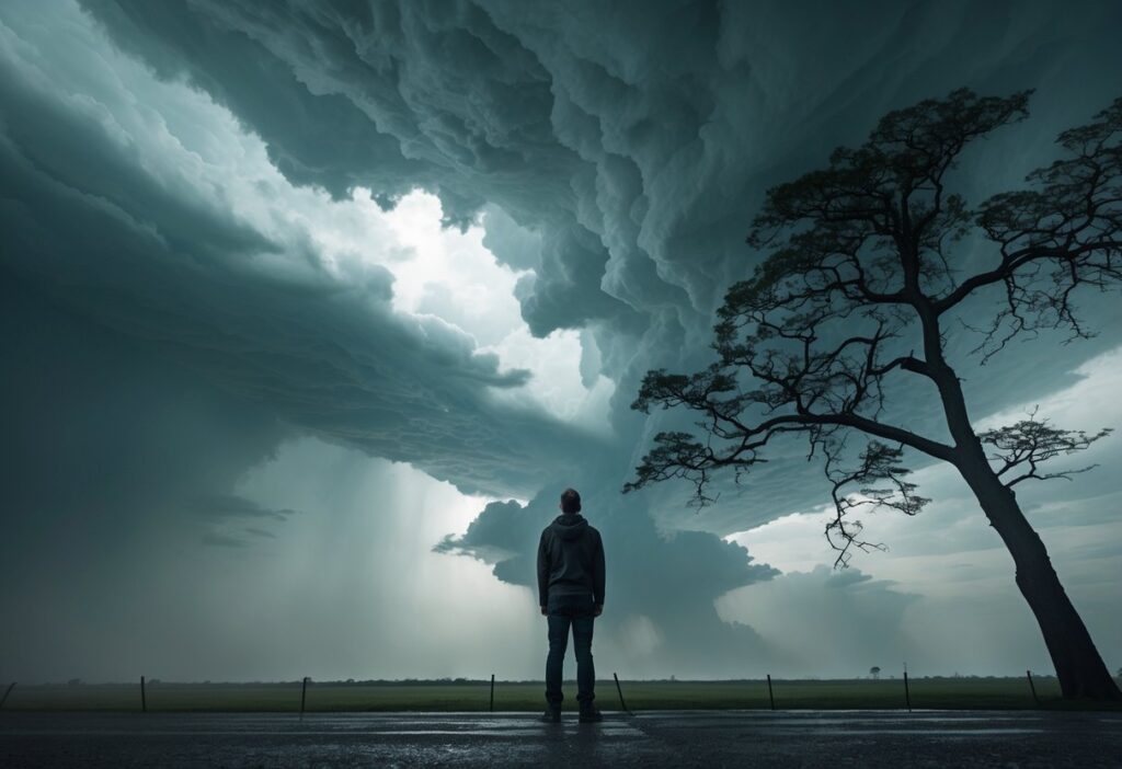 Man kijkt naar dreigende wolken