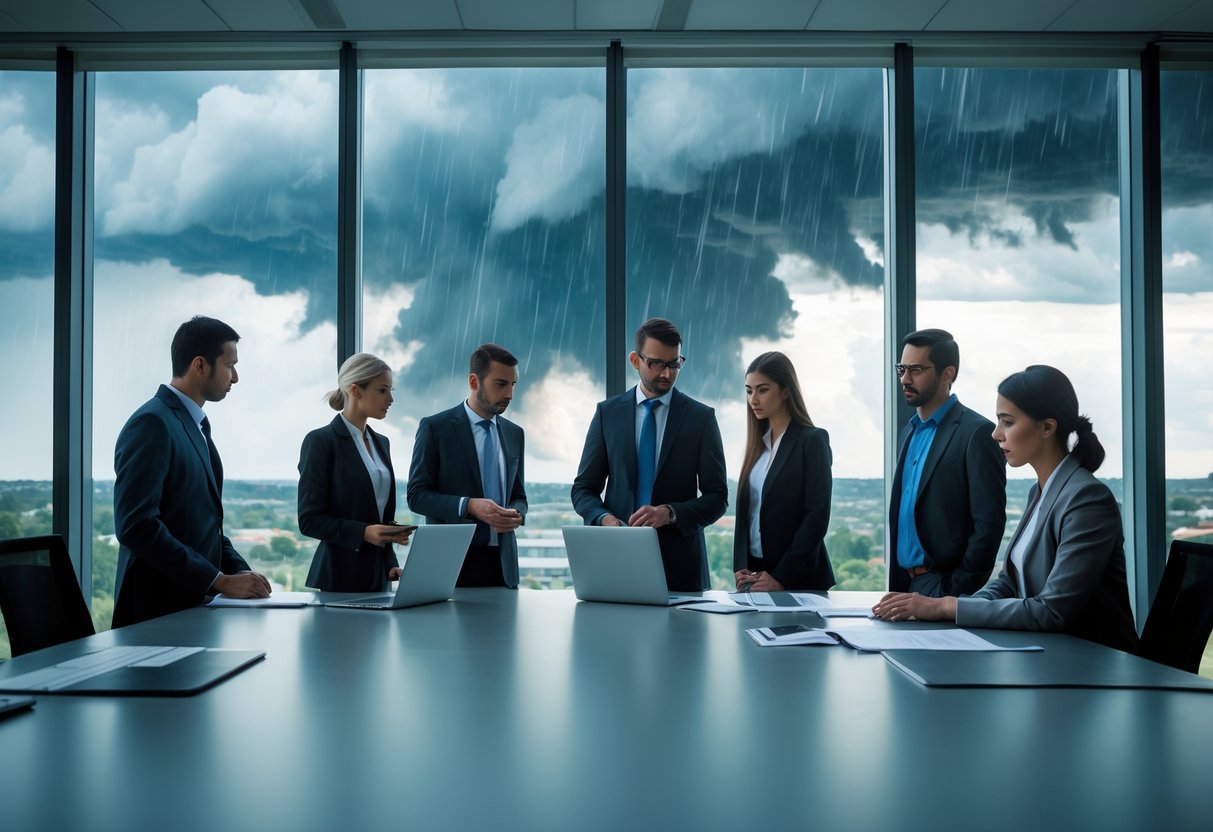 Een groep zakelijke professionals in een vergaderruimte kijkt bezorgd terwijl buiten zware regen en donkere wolken te zien zijn.