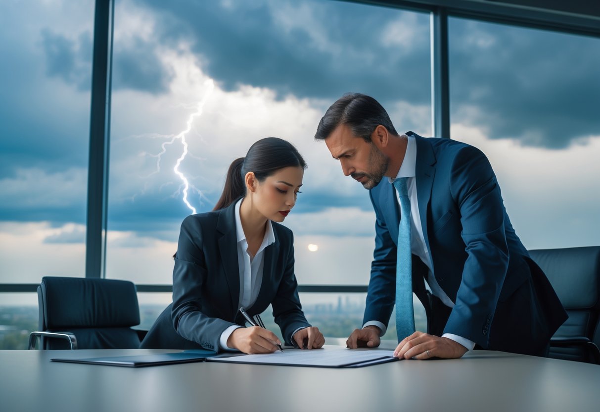 Twee zakelijke professionals bespreken een contract in een kantoor met een stormachtige lucht zichtbaar door het raam.