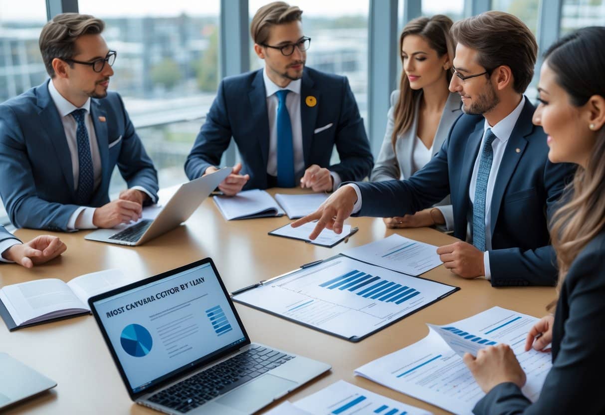 Een groep zakelijke professionals bespreekt een contract in een vergaderruimte met grote ramen.