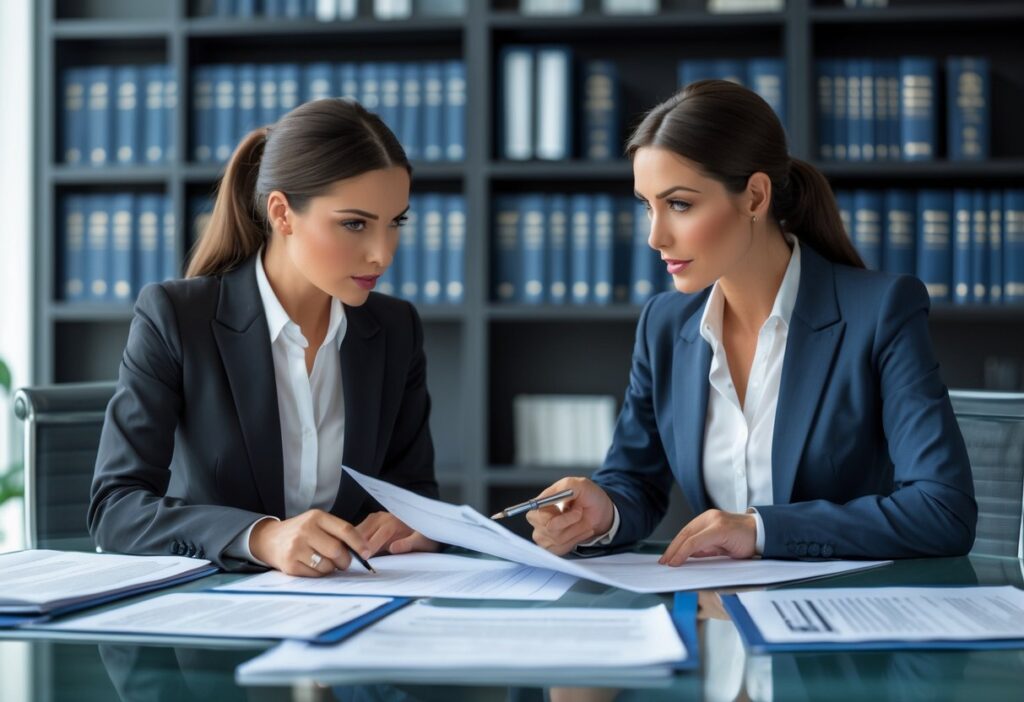 Twee vrouwen bespreken documenten samen.