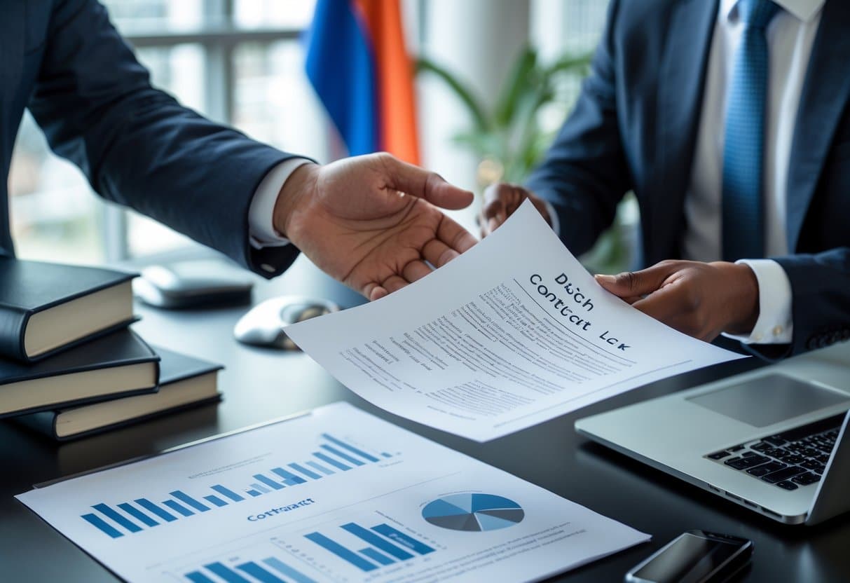 Twee zakenmensen in een kantoor wisselen een contract uit met op de achtergrond een Nederlandse vlag en juridische boeken.
