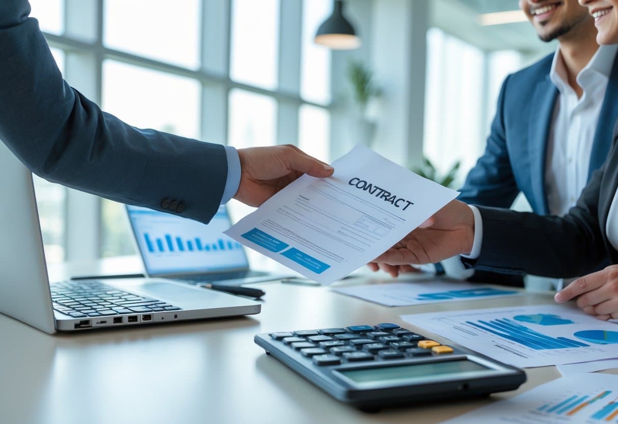 Een zakelijke bijeenkomst waarbij twee professionals een contract overhandigen in een modern kantoor.