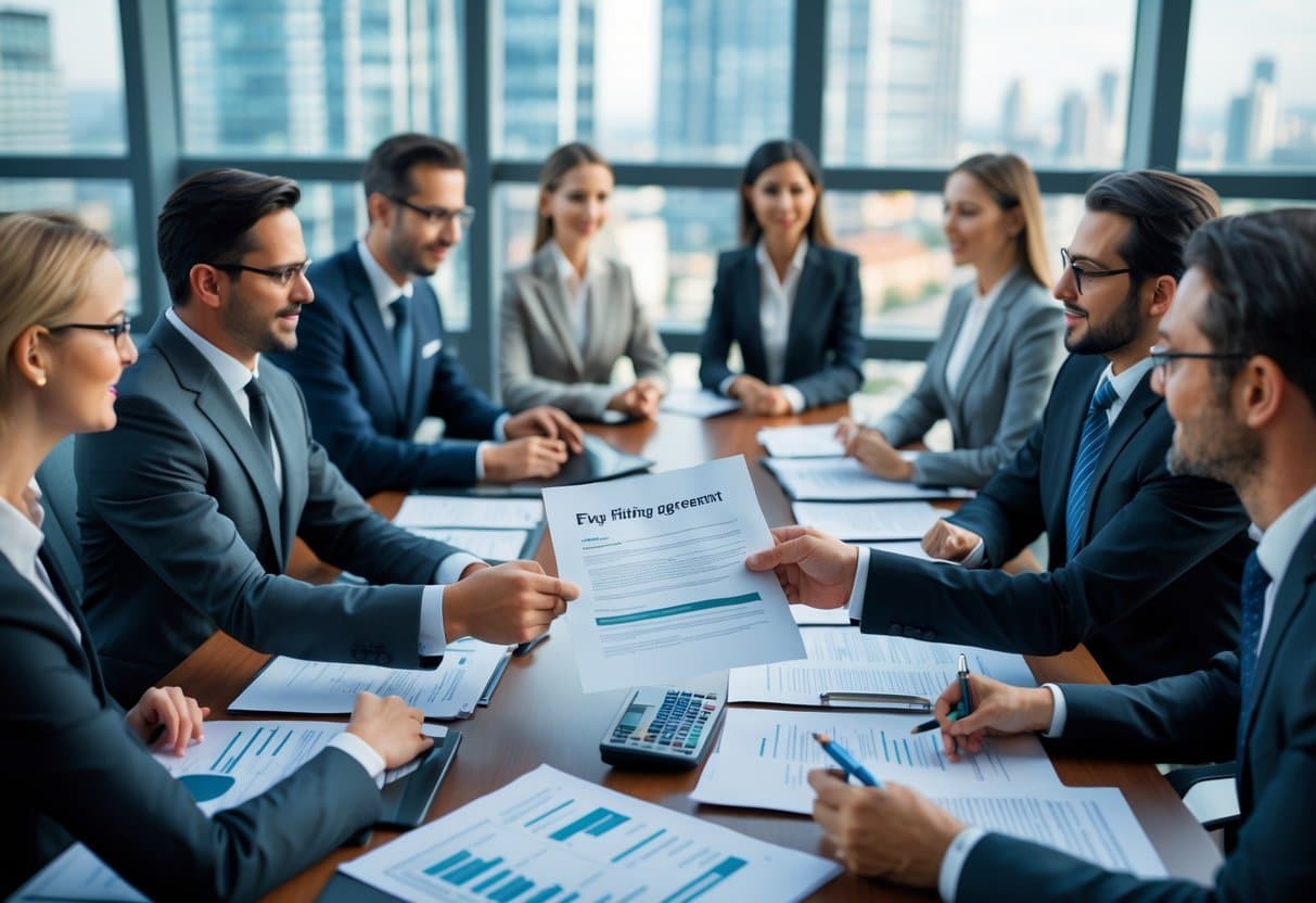 Een groep zakelijke professionals die rond een vergadertafel zitten en documenten bespreken in een moderne kantooromgeving.