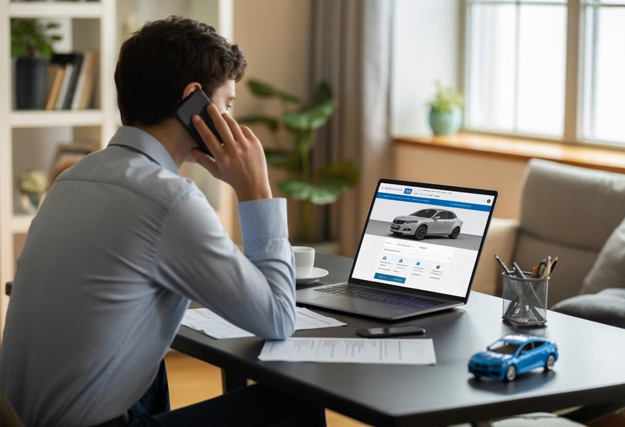 Een persoon zit aan een bureau en belt met een telefoon terwijl hij naar een laptop kijkt met een autowebsite.