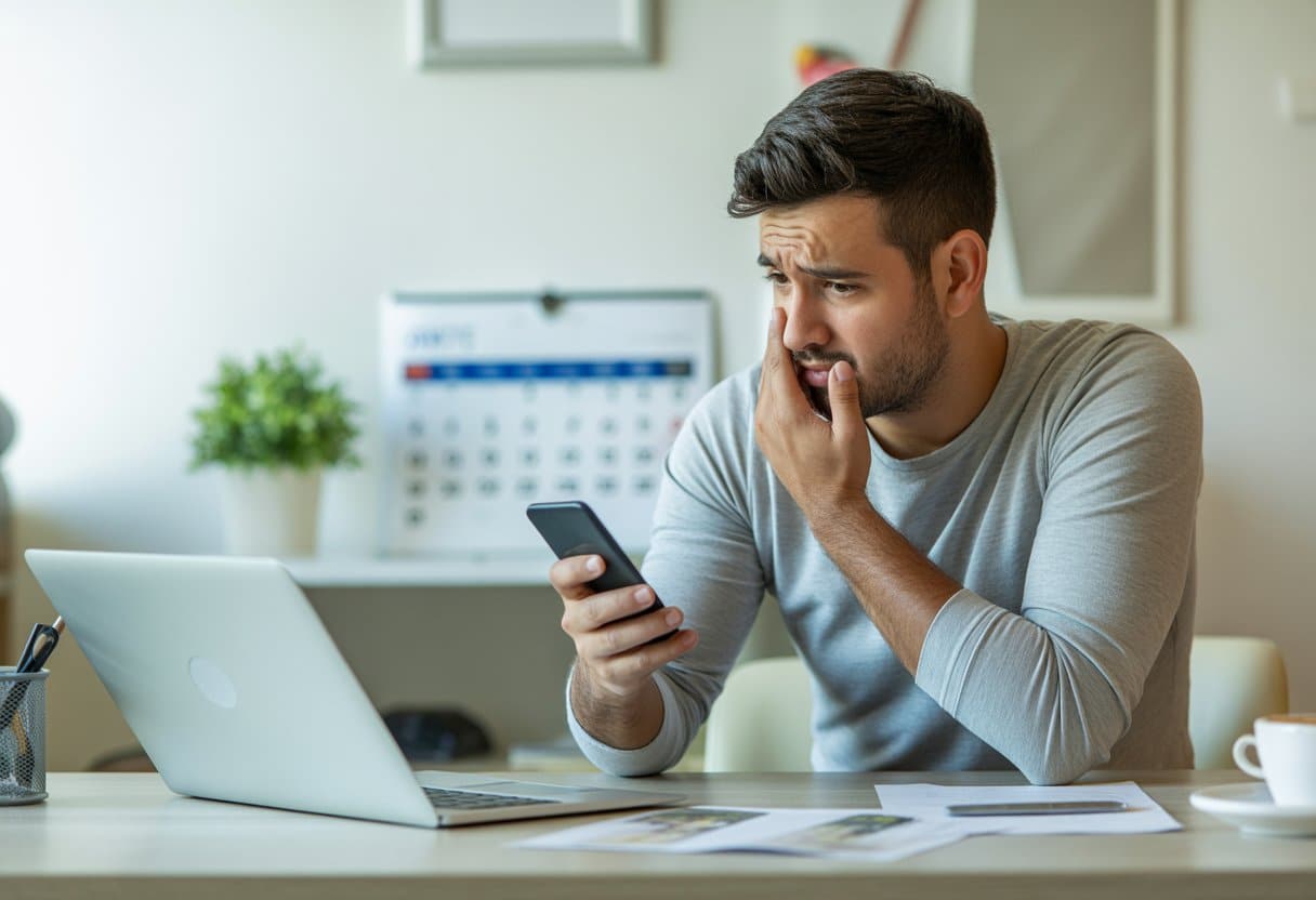 Een jonge man zit bezorgd achter een bureau met een laptop en telefoon in een lichte thuiskantooromgeving.