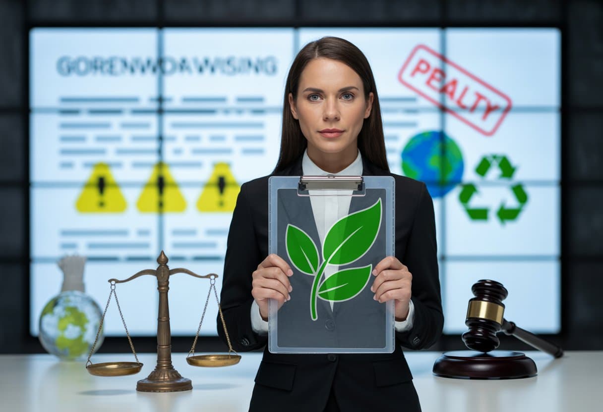 Een zakenvrouw in een kantoor houdt een clipboard met een groen blaadje vast, met op de achtergrond een scherm met een juridisch document en waarschuwingssymbolen.