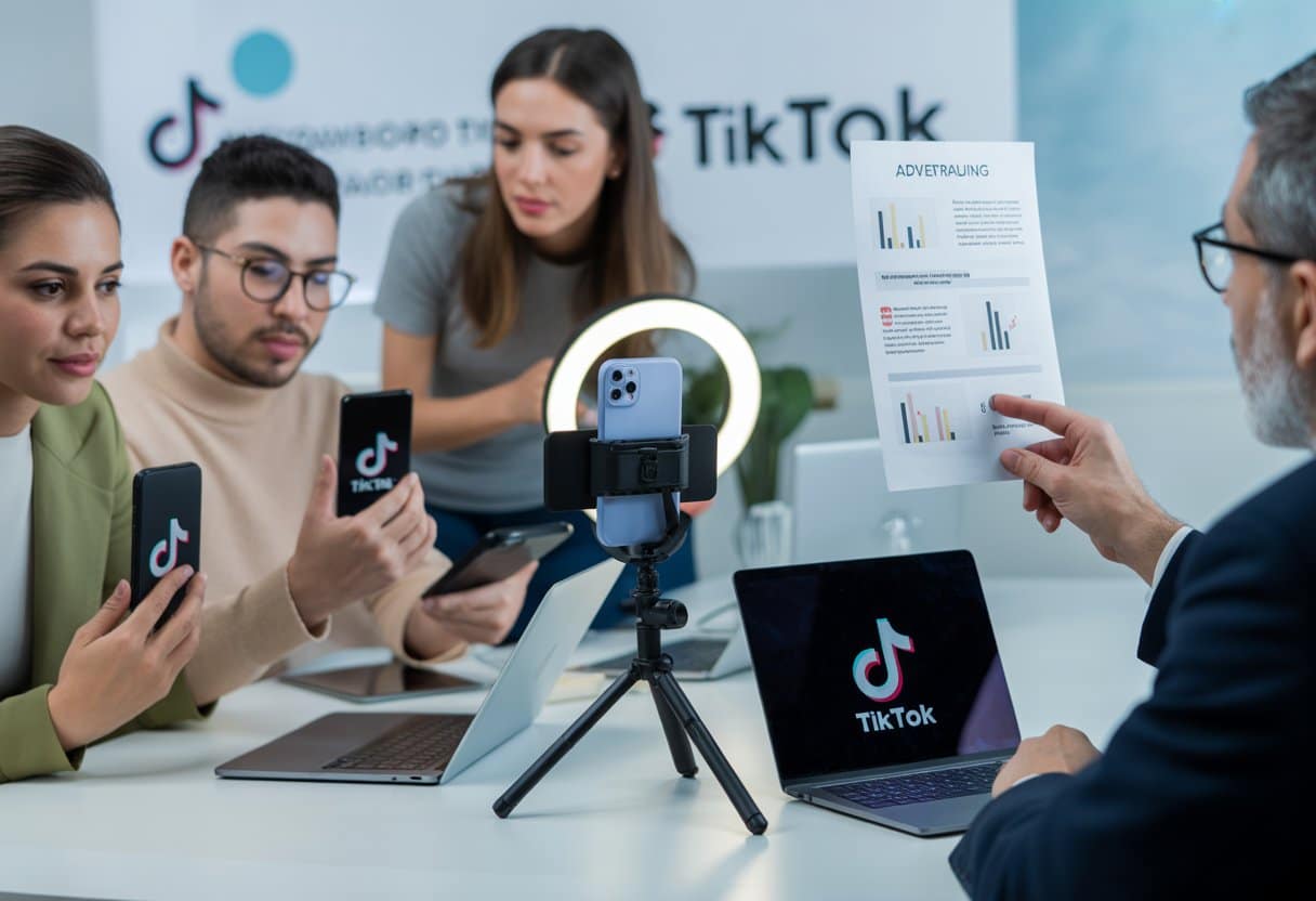 Een groep jonge mensen werkt samen aan socialmediacontent met telefoons en laptops, terwijl een jurist documenten bekijkt in een helder kantoor.