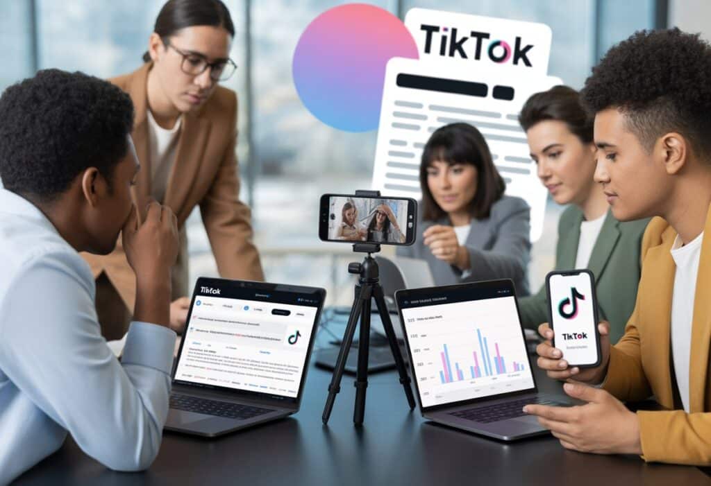 Groep mensen werkt aan TikTok-content.