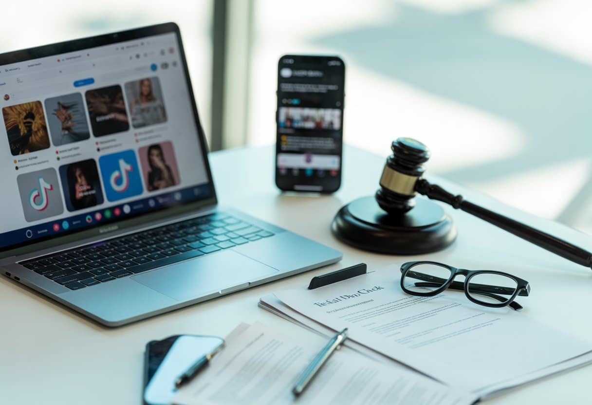 Een moderne werkplek met een laptop, juridische documenten en een smartphone die sociale media toont.